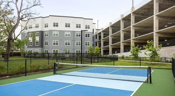 a view of a tennis ground with a large trees