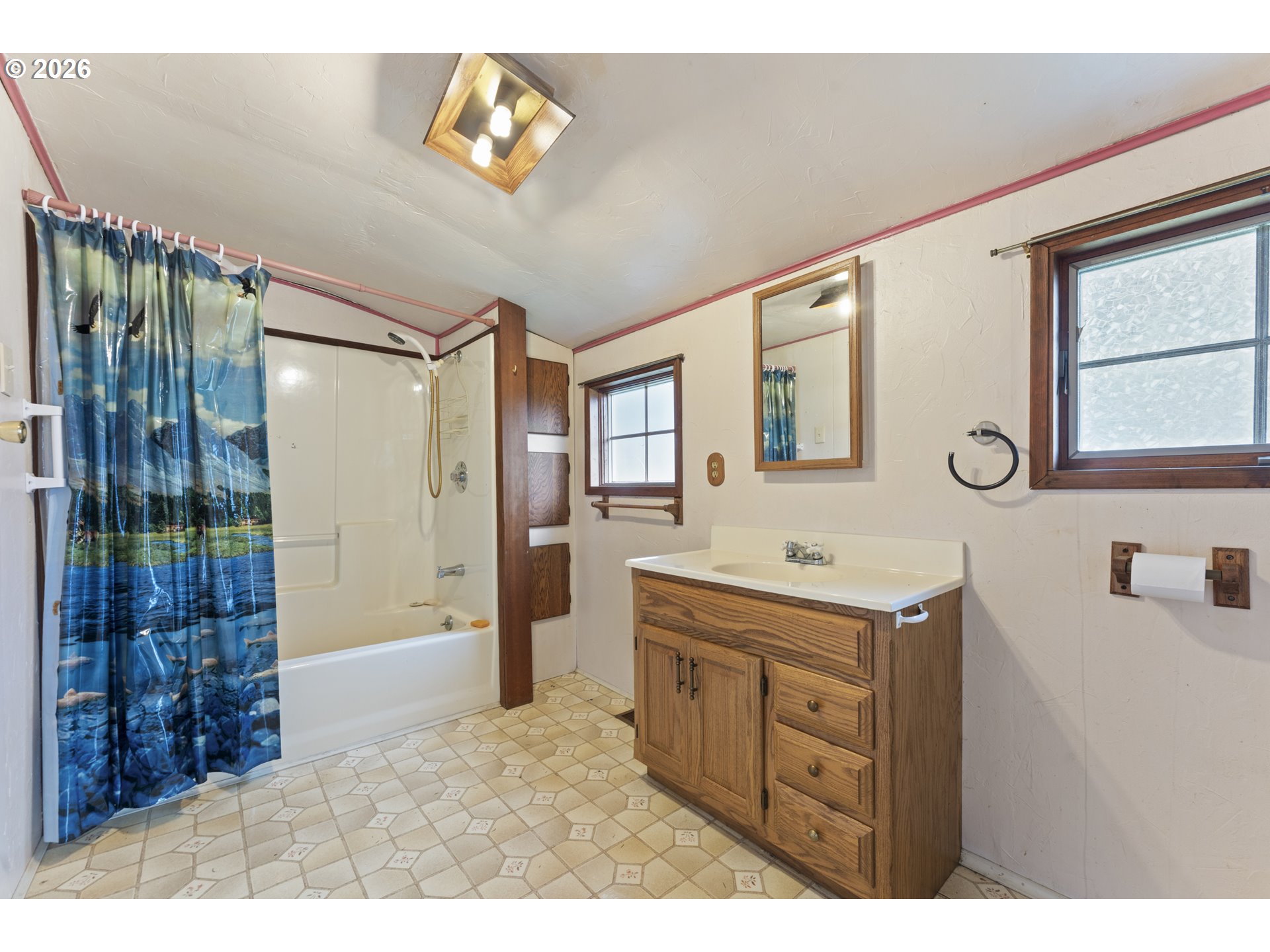 642 Clark Street North Bend, OR 97459 - Photo 20 of 29 a bathroom with a sink a mirror and a shower