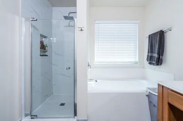 a bathroom with a bathtub and a shower