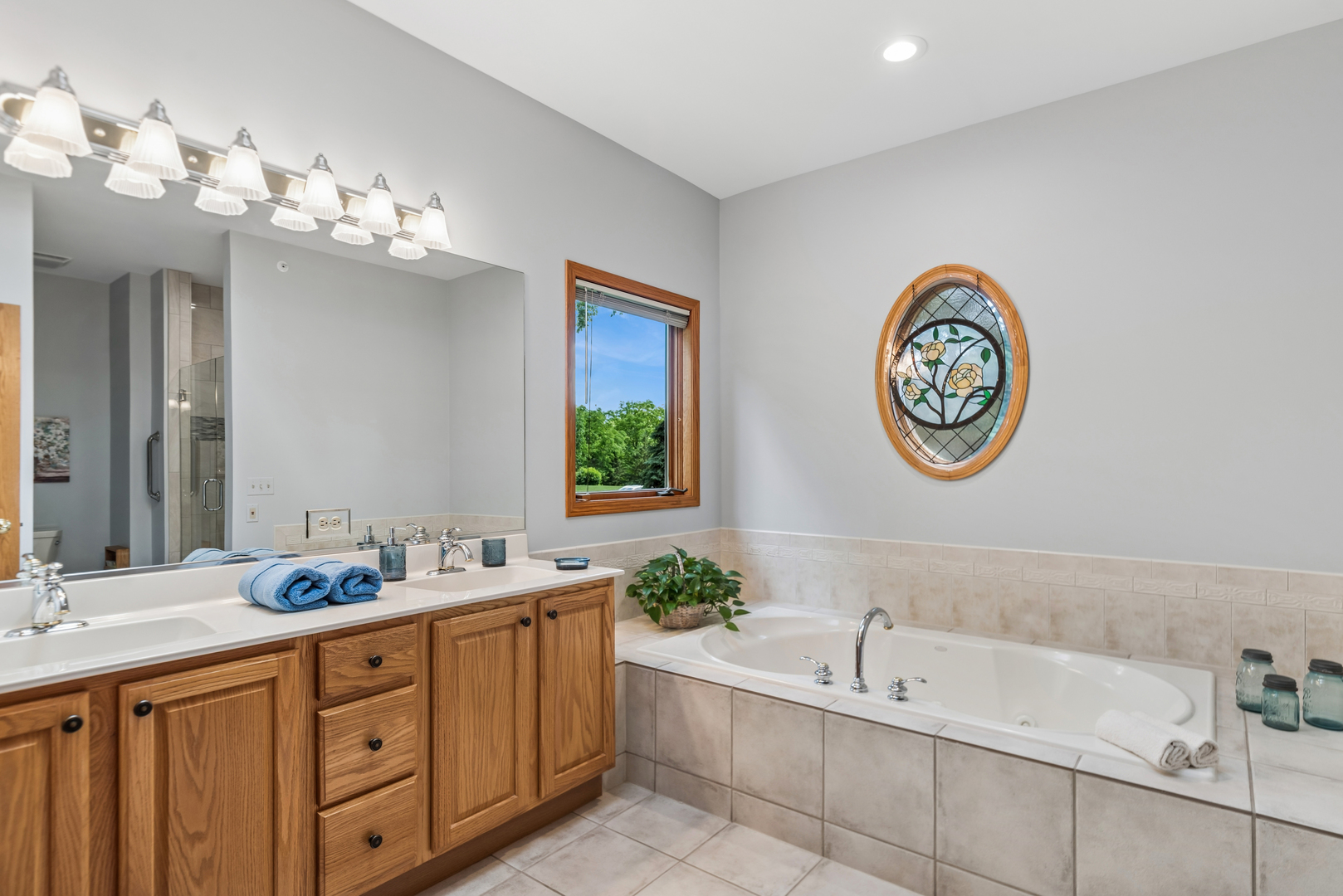 10907 Red Hawk Lane Spring Grove, IL 60071 - Photo 18 of 44 a bathroom with a tub a double vanity sink and a mirror