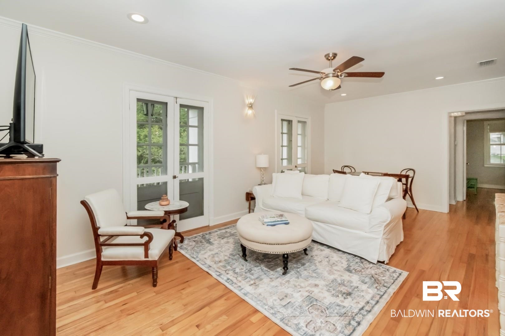 214 Upham Street, Unit 3D Mobile, AL 36607 - Photo 4 of 34 Living room featuring french doors, recessed lighting, a ceiling fan, and light wood finished floors