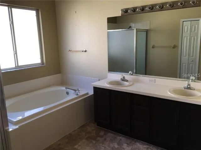 a bathroom with a double vanity sink and a bathtub