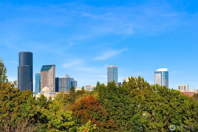 a city view with tall buildings