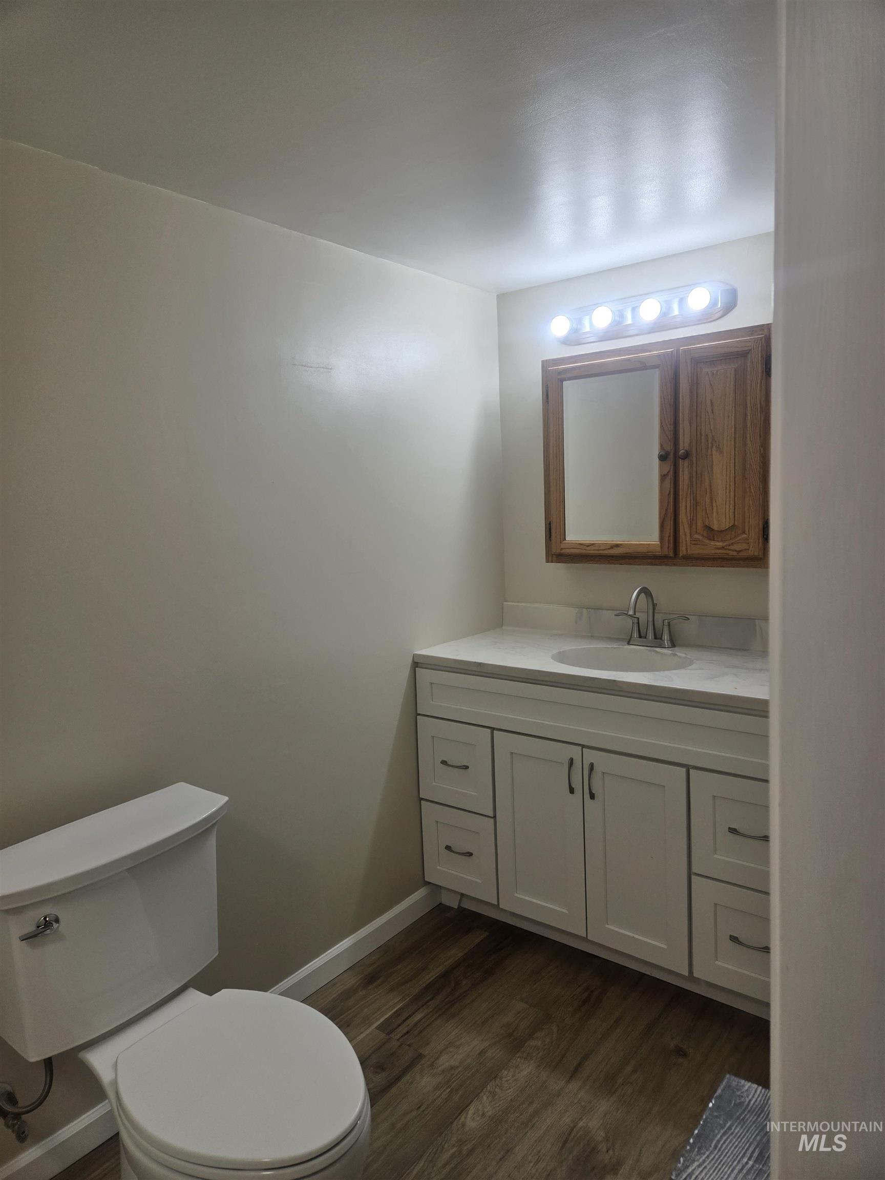 4099 Lakeview Road Orofino, ID 83544 - Photo 9 of 41 White vanity with cabinet storage, integrated sink, and wood-finish flooring