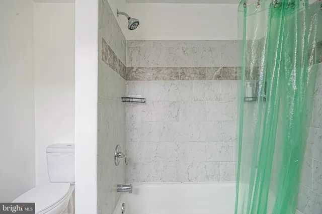 a bathroom with a shower and a toilet