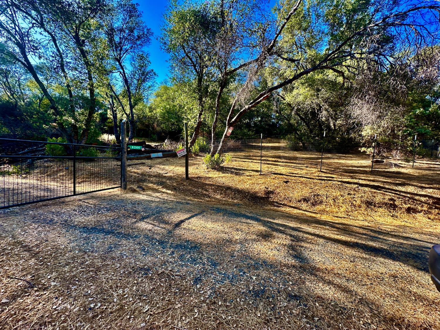 a view of a yard with wooden fence