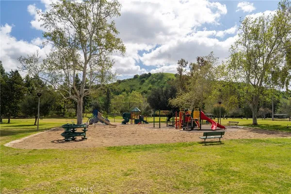 a view of a park with large trees