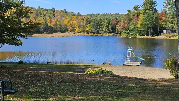 a view of a lake with houses in the back