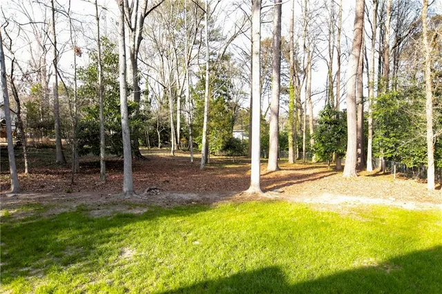 a view of a house with backyard and trees