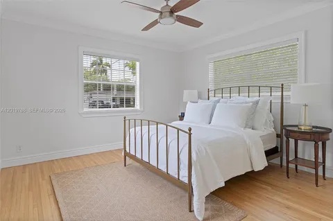 a spacious bedroom with a bed and a table