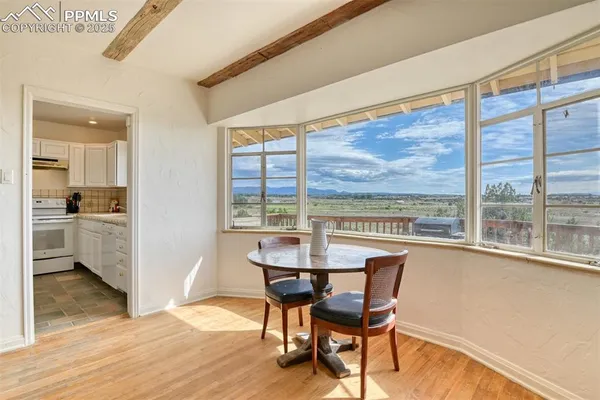 a view of a dining room with furniture window and wooden floor