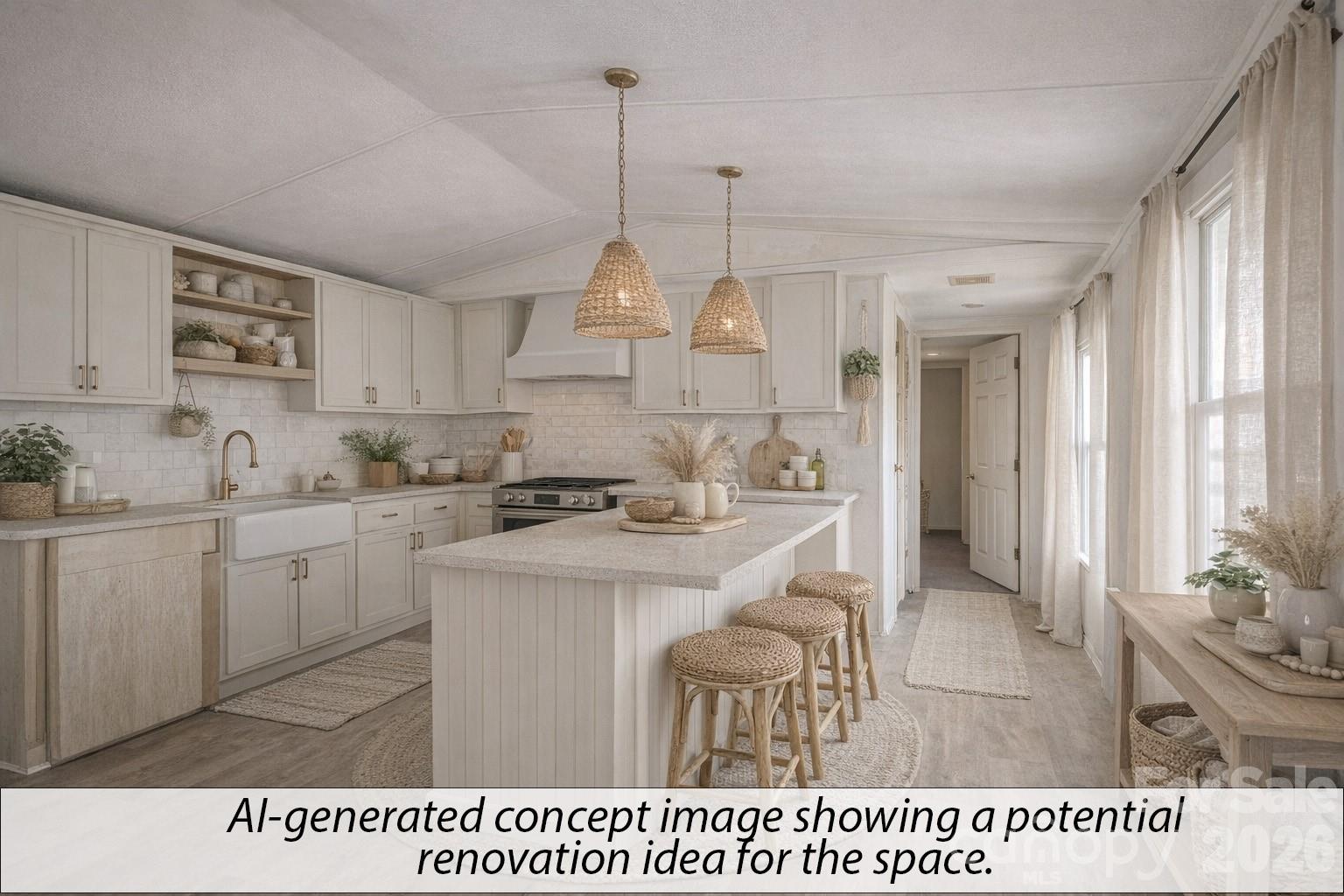 565 Jm Lovelace Road Ellenboro, NC 28040 - Photo 13 of 42 a kitchen with kitchen island a sink a stove a refrigerator and white cabinets with wooden floor
