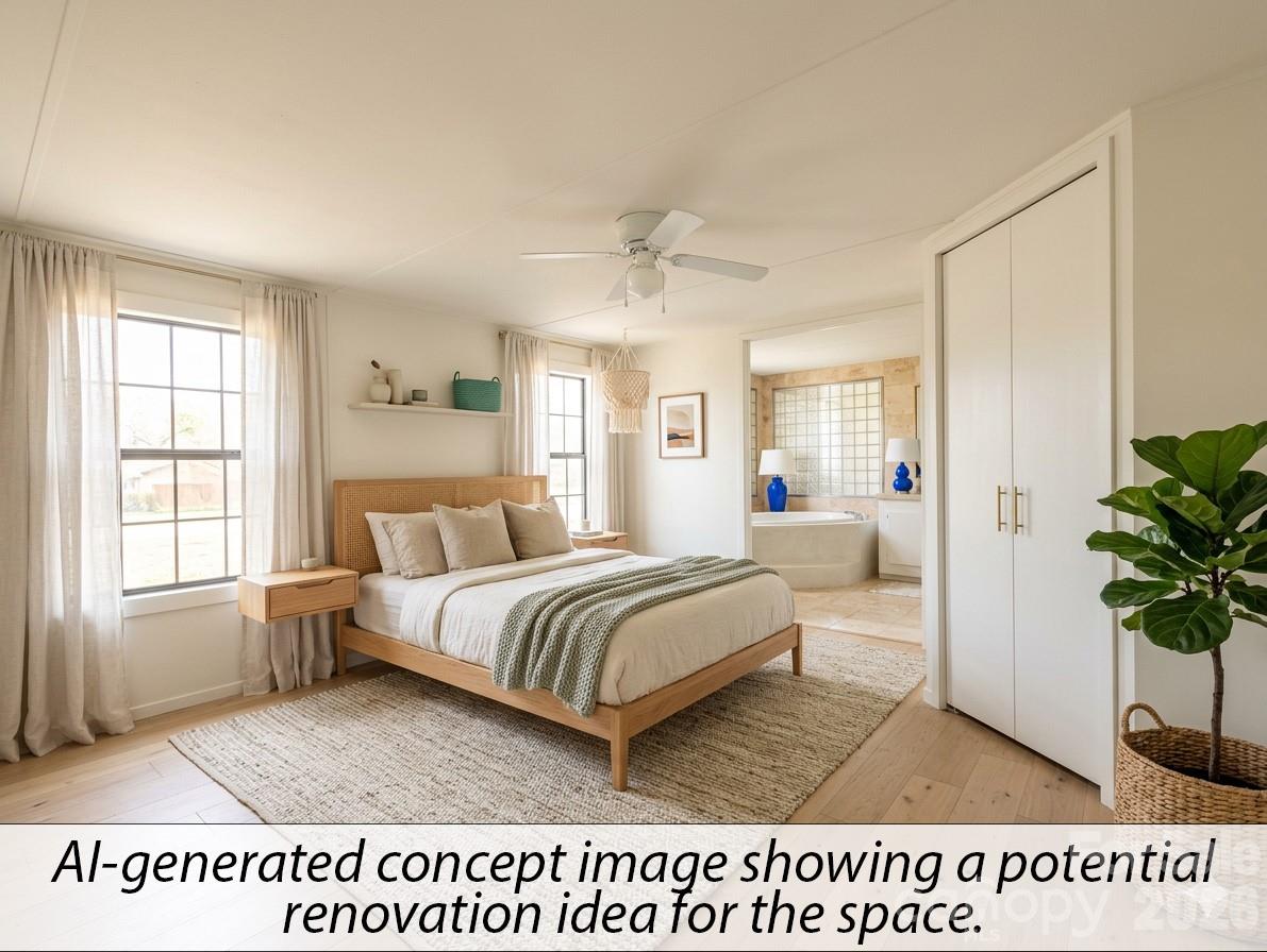 565 Jm Lovelace Road Ellenboro, NC 28040 - Photo 27 of 42 a spacious bedroom with a bed a chandelier and a window