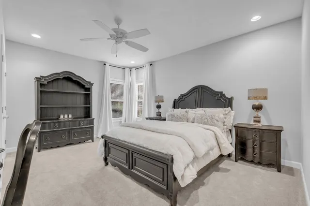 a bedroom with a bed and a ceiling fan