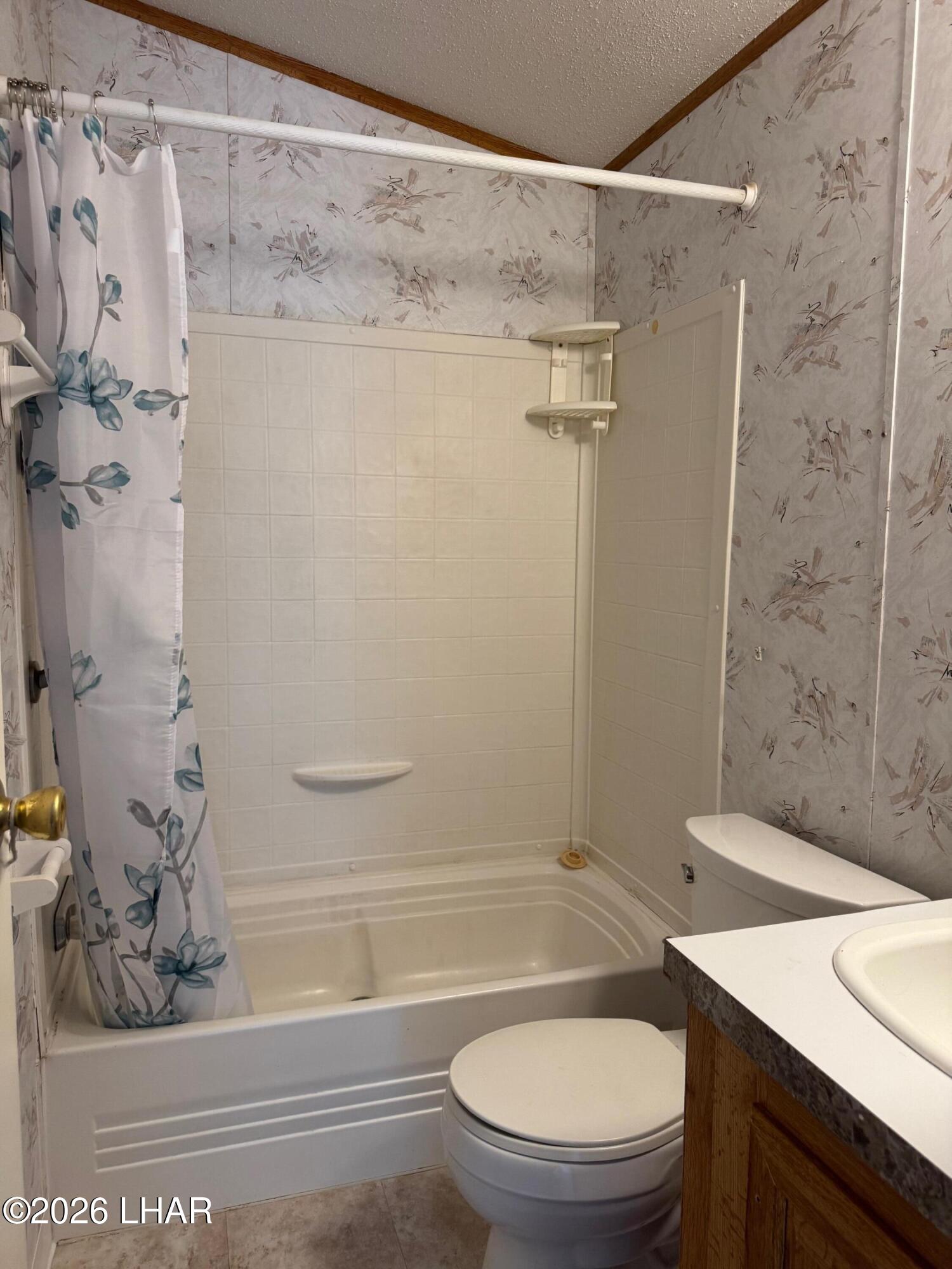 15454 Mohave Road Yucca, AZ 86438 - Photo 4 of 47 a bathroom with a granite countertop sink toilet and shower
