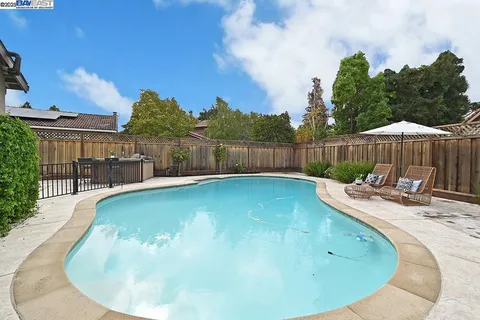 a view of a swimming pool with a patio and a garden