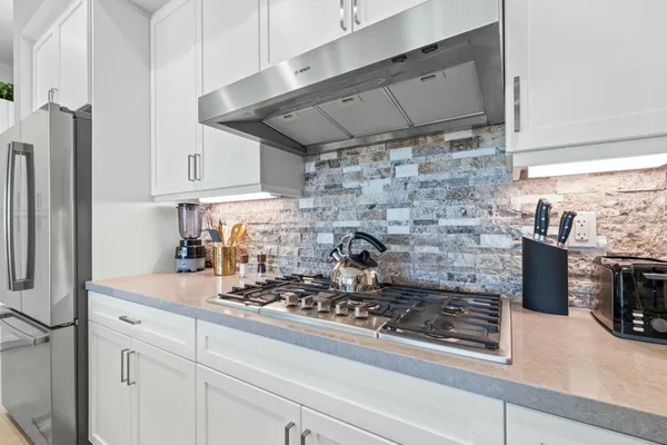 a kitchen with a sink and a potted plant