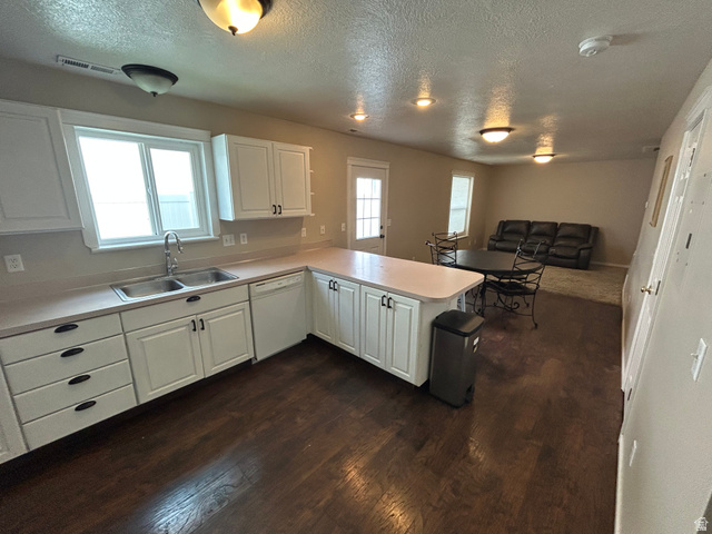 432 Spring Lane Logan, UT 84341 - Photo 13 of 22 Kitchen featuring light countertops, a textured ceiling, a peninsula, white dishwasher, and white cabinetry