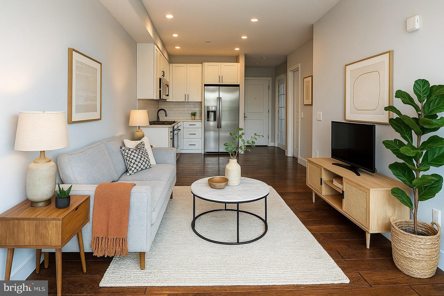 1101 Fern Street Northwest, Unit 301 Washington, DC 20012 - Photo 9 of 25 a living room with furniture a flat screen tv and a potted plant