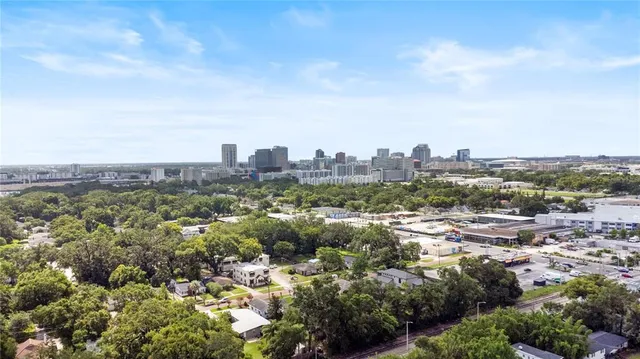 an aerial view of residential house with green space
