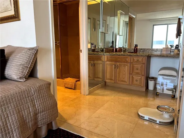 a bathroom with a sink a mirror and a shower
