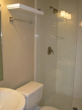 a bathroom with a toilet and shower