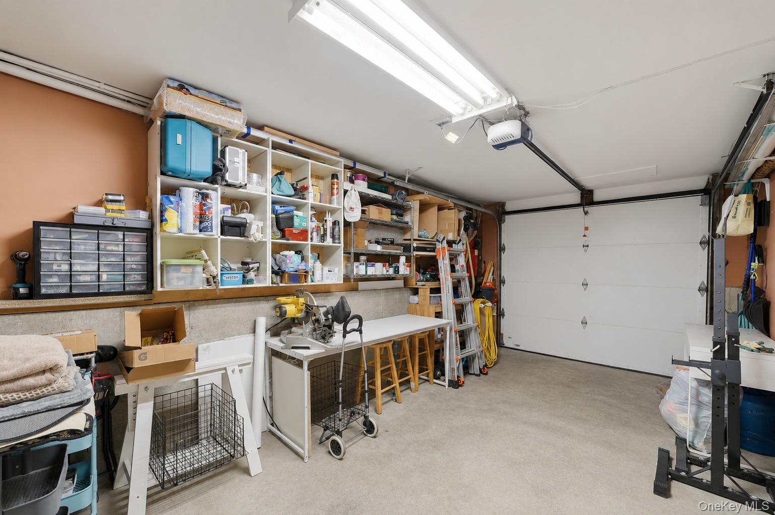 29 Montrose Road Yonkers, NY 10710 - Photo 25 of 39 Garage interior featuring a sectional garage door, overhead fluorescent lighting, and built-in shelving