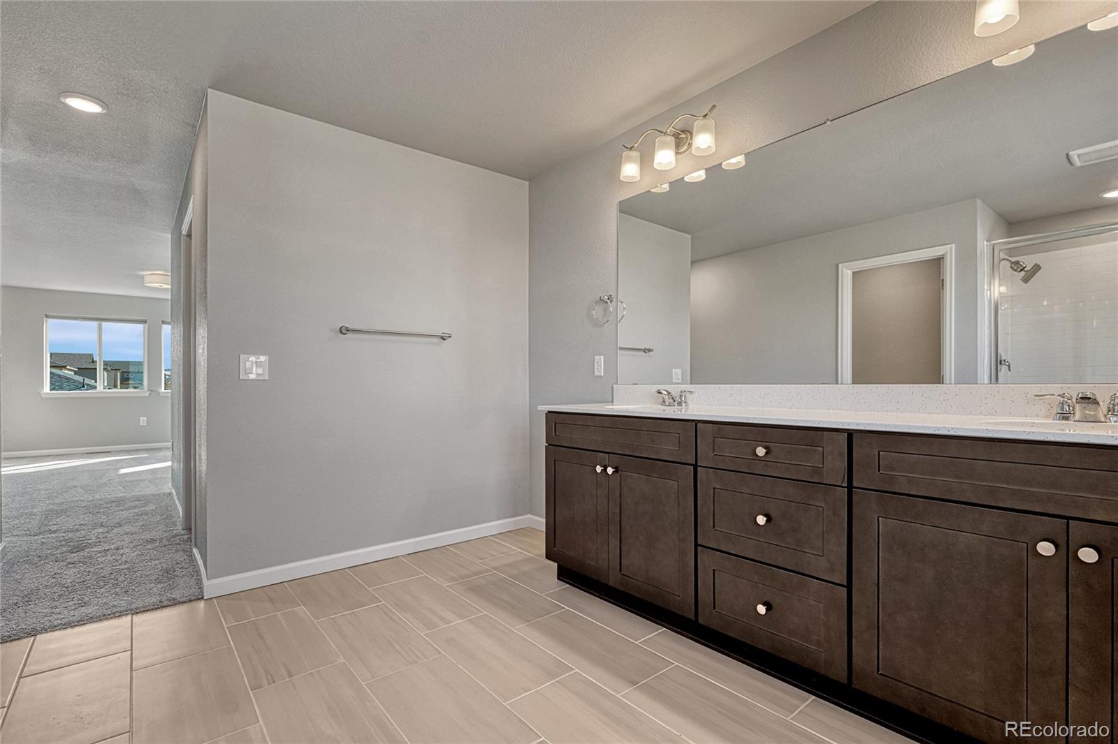 15902 Stringhalt Way Parker, CO 80134 - Photo 35 of 48 a spacious bathroom with a granite countertop sink a mirror and a shower