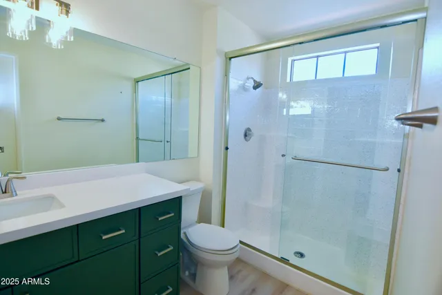 a bathroom with a sink a toilet and shower