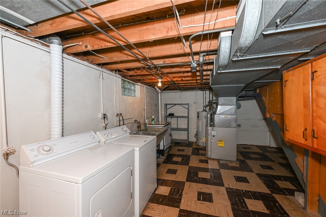 849 Bears Den Road Youngstown, OH 44511 - Photo 19 of 28 Laundry area with dark tile floors, separate washer and dryer, and gas water heater