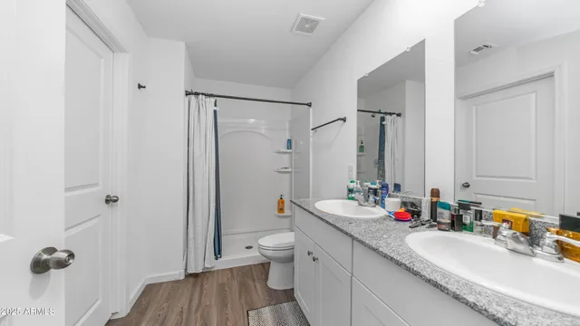 a bathroom with a double vanity sink toilet mirror and shower