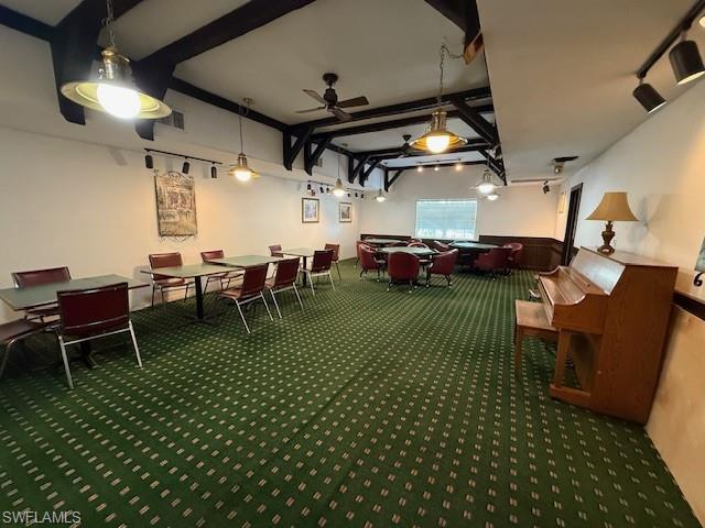 3760 Inverrary Drive, Unit 1W Lauderhill, FL 33319 - Photo 21 of 32 Game room featuring carpet flooring, a wainscoted wall, ceiling fan, beam ceiling, and pool table