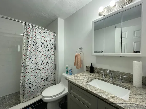 a bathroom with a granite countertop sink toilet and shower