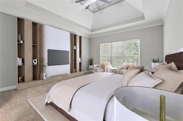 a bed room with a bed and a large window