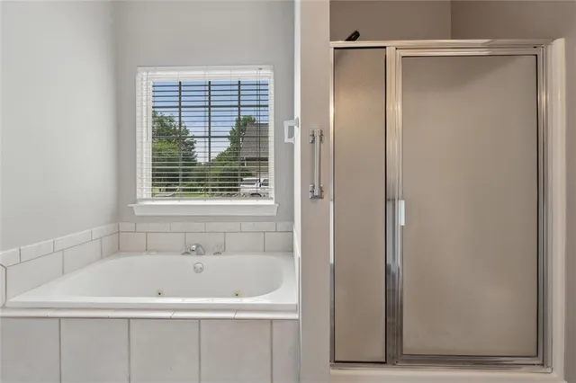 a bathroom with a bathtub and a shower