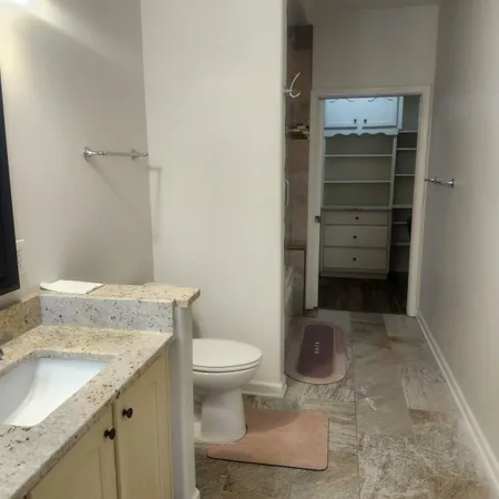 a bathroom with a granite countertop toilet and a sink