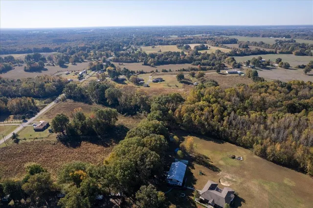 an aerial view of a house with a yard and large tree