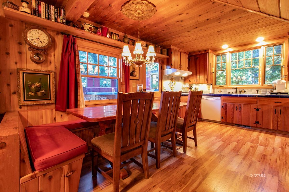 24715 Upper Rim Rock Road Idyllwild, CA 92549 - Photo 19 of 64 a view of a dining room with furniture window and wooden floor