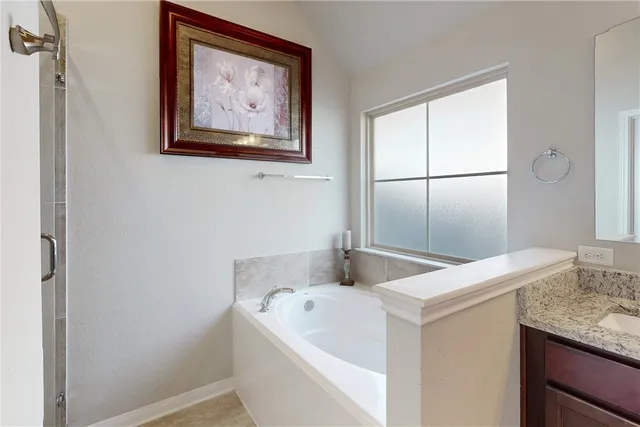 a bathroom with a granite countertop sink and a bathtub