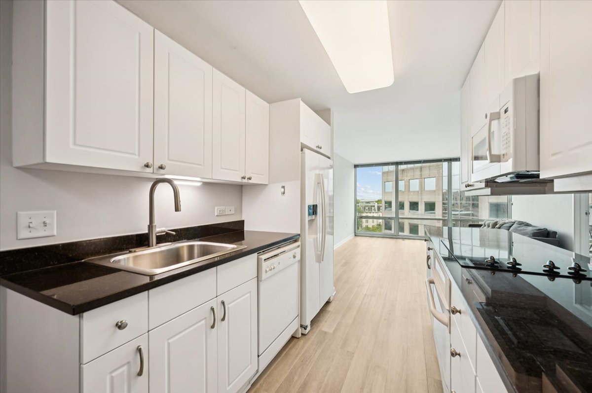 800 Elgin Road, Unit 1013 Evanston, IL 60201 - Photo 3 of 25 a kitchen with granite countertop a sink and cabinets