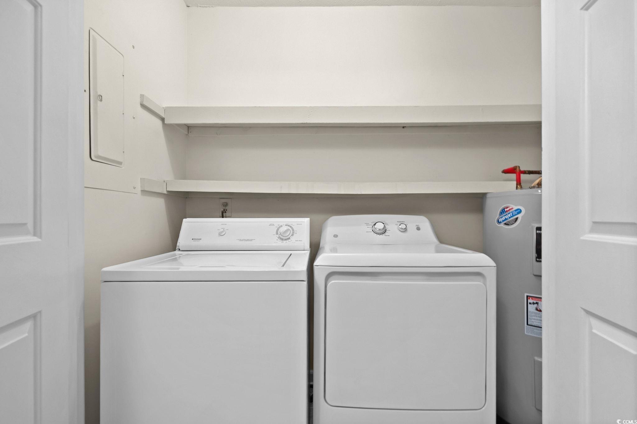 406 75th Avenue North, Unit Q Myrtle Beach, SC 29572 - Photo 23 of 23 Washroom with electric water heater, electric panel, and washing machine and clothes dryer