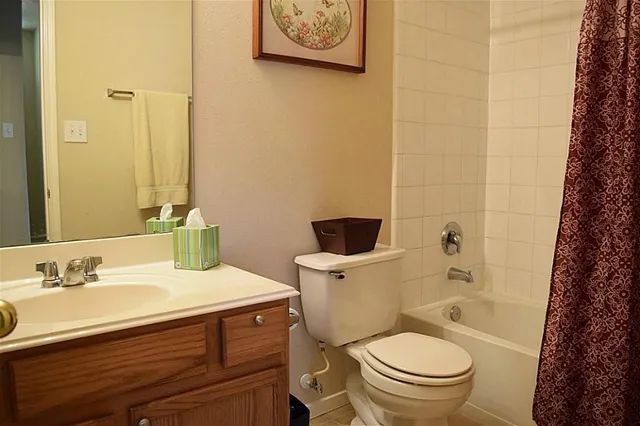 a bathroom with a sink a toilet and shower curtain