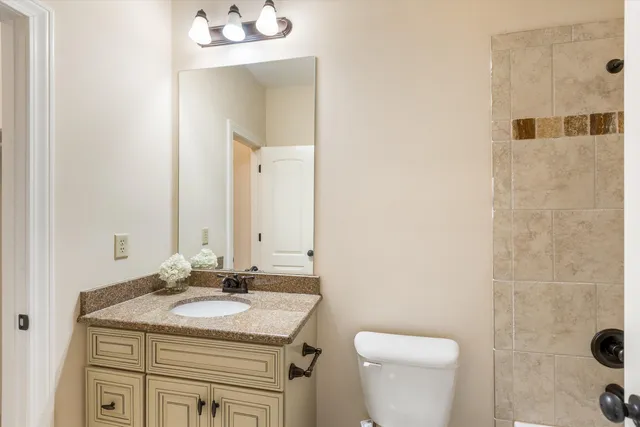 a bathroom with a granite countertop sink a toilet and a mirror