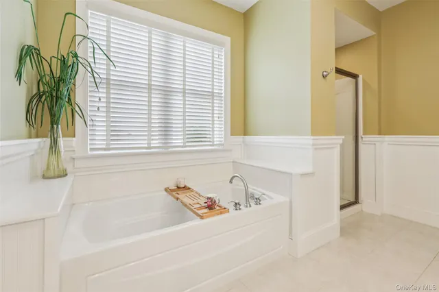 a bathroom with a bathtub and shower