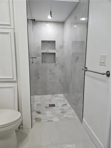 a bathroom with a shower and a toilet