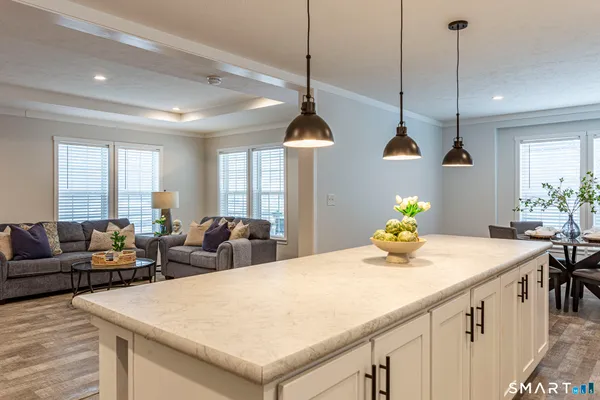a living room with furniture and a kitchen view
