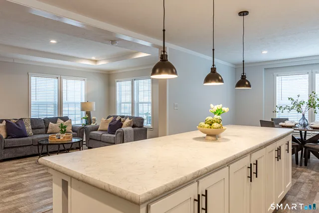 a living room with furniture and a kitchen view