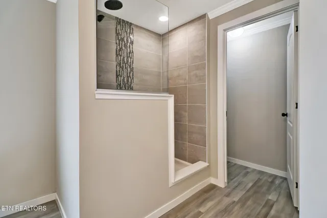 a bathroom with a shower and a sink