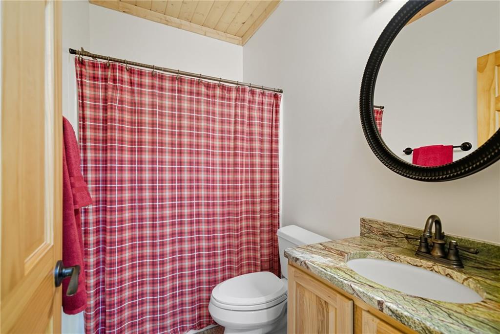 469 Moss Patch Trail Jasper, GA 30143 - Photo 25 of 49 a bathroom with a granite countertop toilet sink mirror and shower