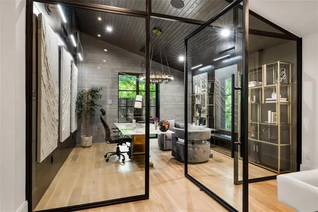 a dining room with furniture